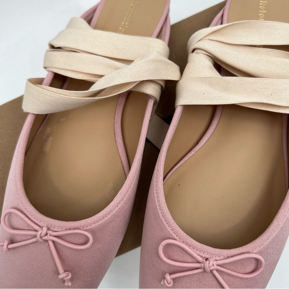 Reformation Pink Ballet Slip-On Ribbon Megan Powder Pink Lace Up Ballet Flats 7 - Picture 6 of 7